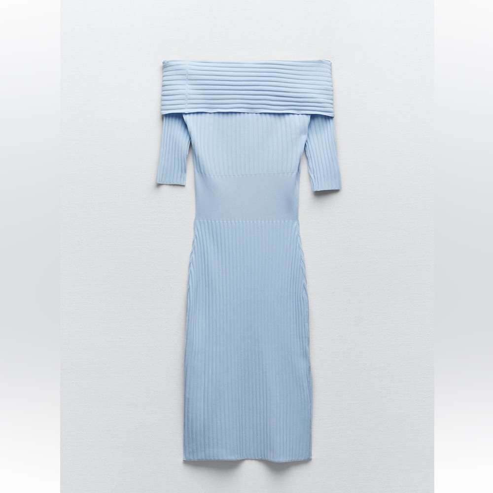 Zara OFF-THE-SHOULDER KNIT DRESS. Light Blue. Size S. New with Tags. - Picture 8 of 10